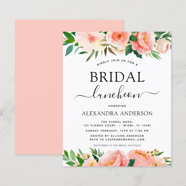 Budget korall rosa blomstermotiv bröllopsdusch lun (Fram/baksida)