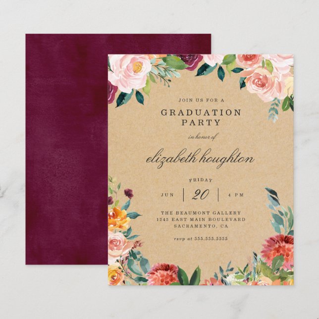 Budget Kraft Burgundy Rosa Blommigt Studentfest (Fram/baksida)