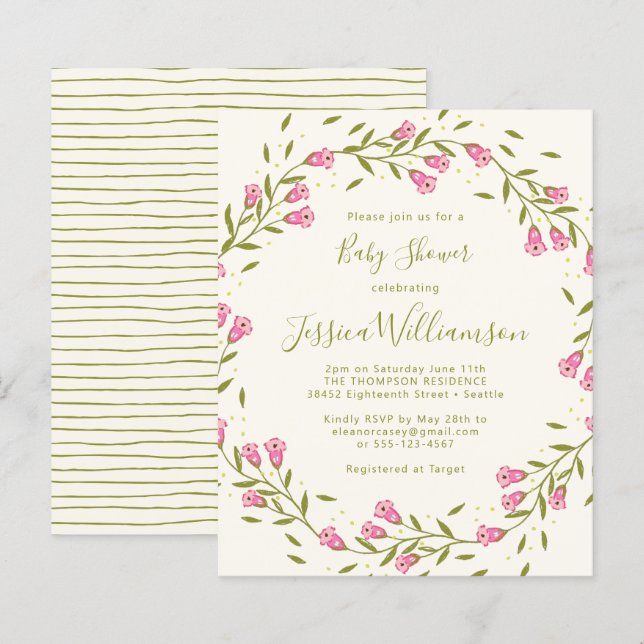 Budget lantlig rosa trädgårdsblommor baby shower   (Fram/baksida)