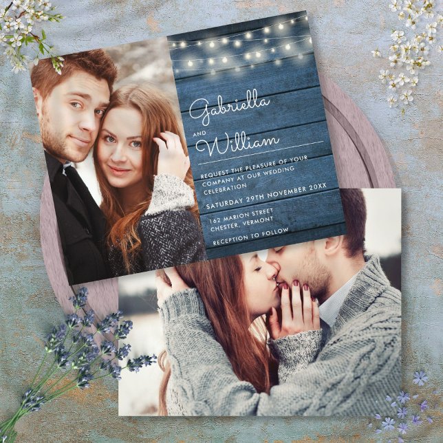 Budget lantlig strängljus foto bröllopsinbjudan (Budget Rustic String Lights Photo Wedding Invite)