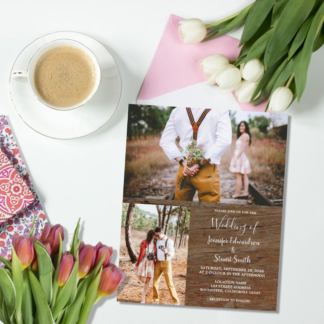 Budget lantlig trävigg fotobryllopsinbjudan flygblad (Budget rustic wood photo wedding invitation flyer. You can add your own photos to personalize.)