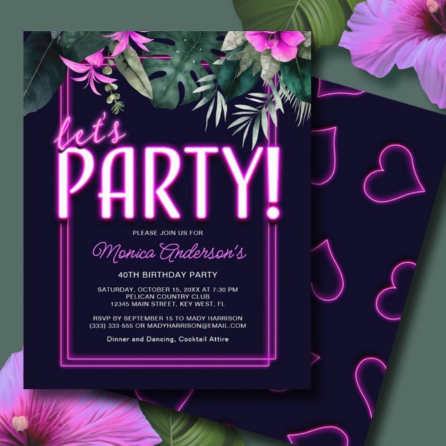 Budget Låt oss Party Rosa Neon Tropical Birthday Flygblad (Budget Let's Party Pink Neon Tropical Birthday Flyer)