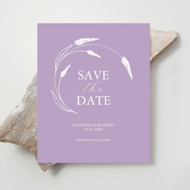 Budget Lavender Bröllop spara datum Flygblad (Budget wedding save the date minimalistic lavender line art by Victoria Grigaliunas.)