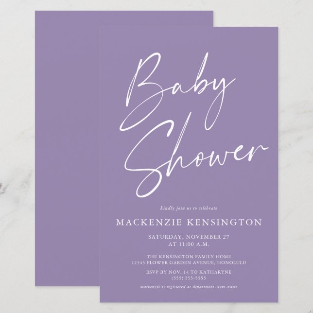 Budget Lavender Lila Simple Script Baby Shower (Fram/baksida)