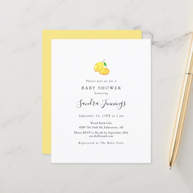 Budget Lemon Baby Shower Elegant Minimalistisk (Fram/Back In Situ)