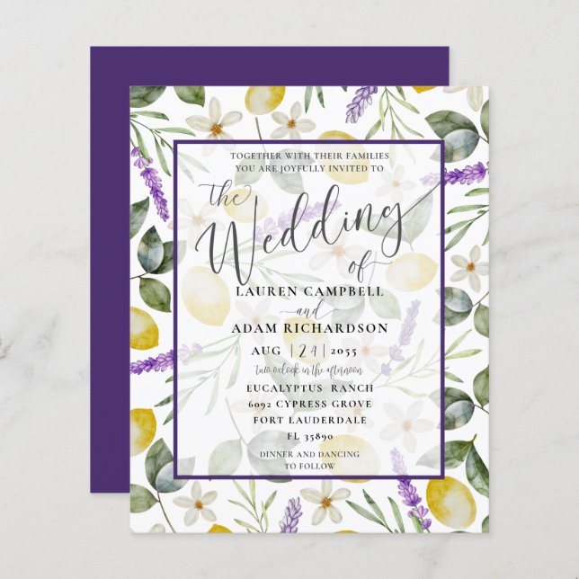 Budget Lemon & Lavender Foliage Wedding bjudande (Fram/baksida)
