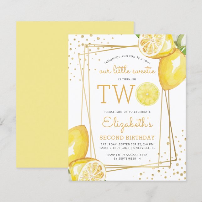 Budget Lemon Watercolor 2-års Födelsedagsfest Inbj (Fram/baksida)