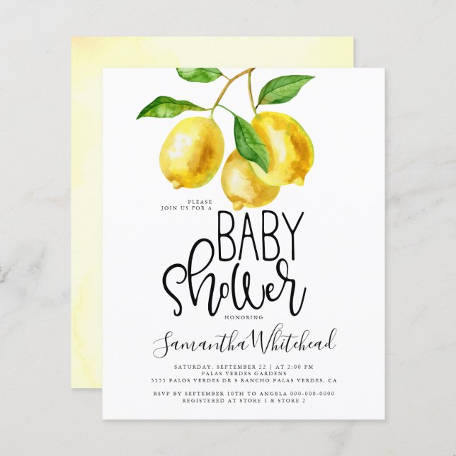 Budget Lemon Watercolor Baby Shower-inbjudan (Fram/baksida)