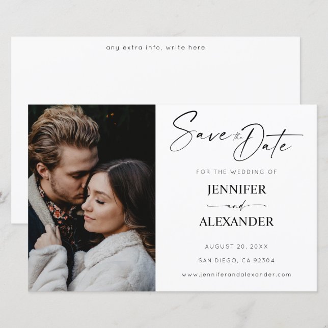 Budget LG Black & White Calligraphy Save Date (Fram/baksida)