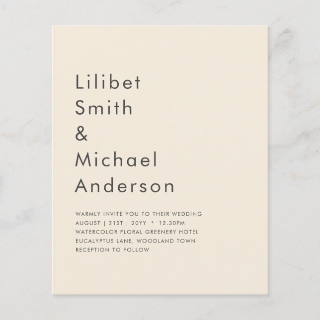 BUDGET Light BEIGE Monochrome Bröllop Flygblad (Framsidan)