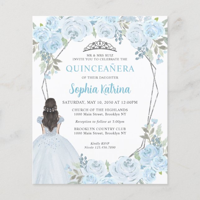 Budget Light Blue Grått Blommigt Princess Quinceañ (Framsida)