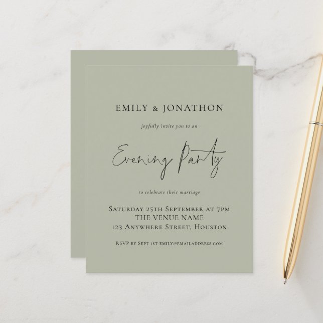 Budget Light Sage Bröllop kväll Party Inbjudan (Fram/Back In Situ)