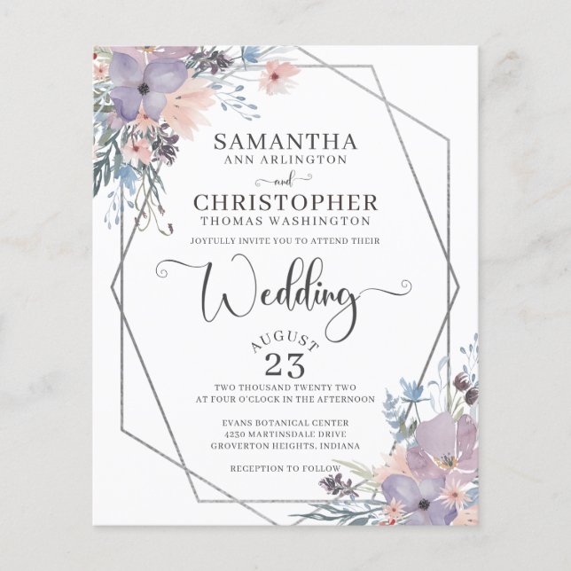 Budget Lila Akvarell Blommig Bröllopsinbjudan (Framsida)