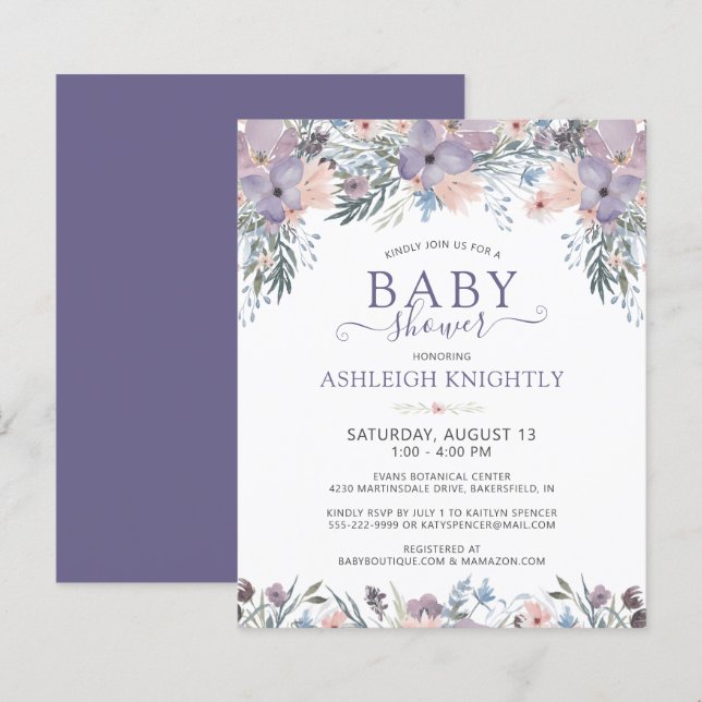 Budget Lila Baby Shower Blommig Vildblomma Inbjuda (Fram/baksida)