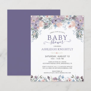 Budget Lila Baby Shower Blommig Vildblomma Inbjuda
