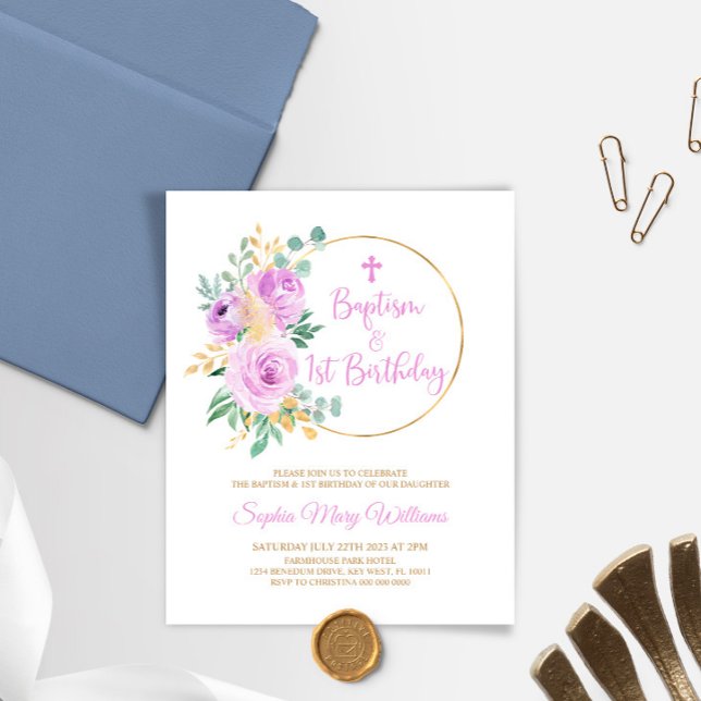 Budget Lila Baptism och första födelsedagsinbjudan (Skapare uppladdad)