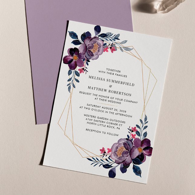 Budget Lila Blommigt Modern bröllopsinbjudan (Purple Floral Geometric Wedding Invitation)
