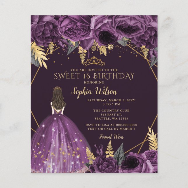 Budget Lila Blommigt Princess Sweet 16:e inbjudan (Framsida)