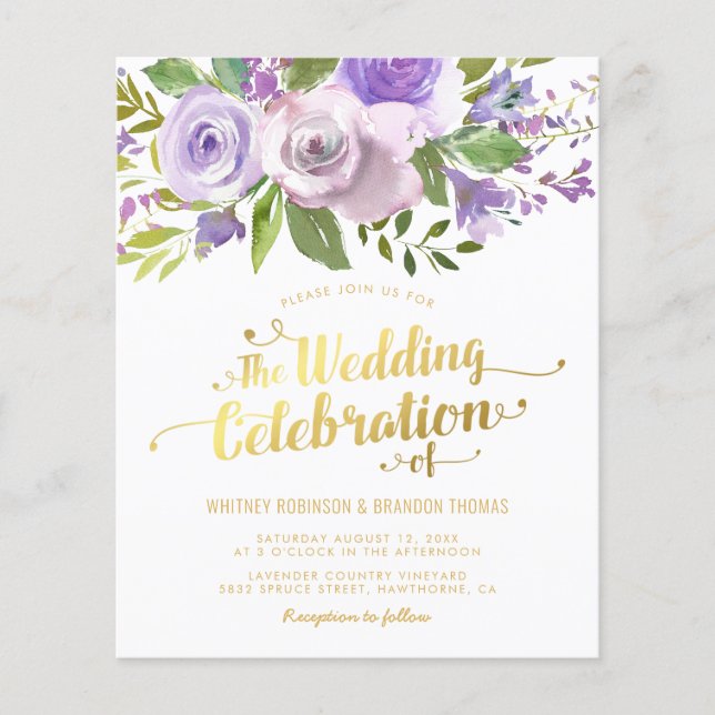 Budget Lila Blommigt Watercolor Wedding bjudande i (Framsida)