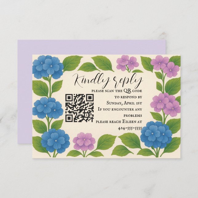Budget Lila/Blue Hydrangea QR Code OSA kort (Fram/baksida)