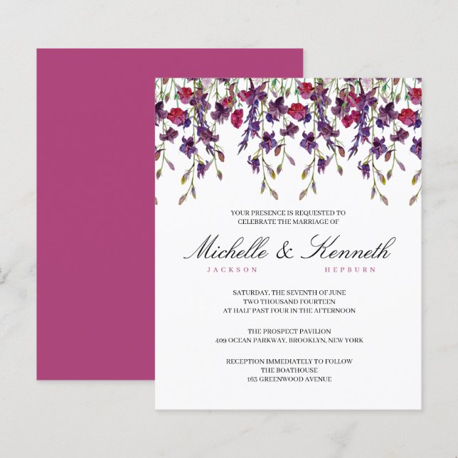 Budget Lila Botanical Wedding bjudande (Fram/baksida)