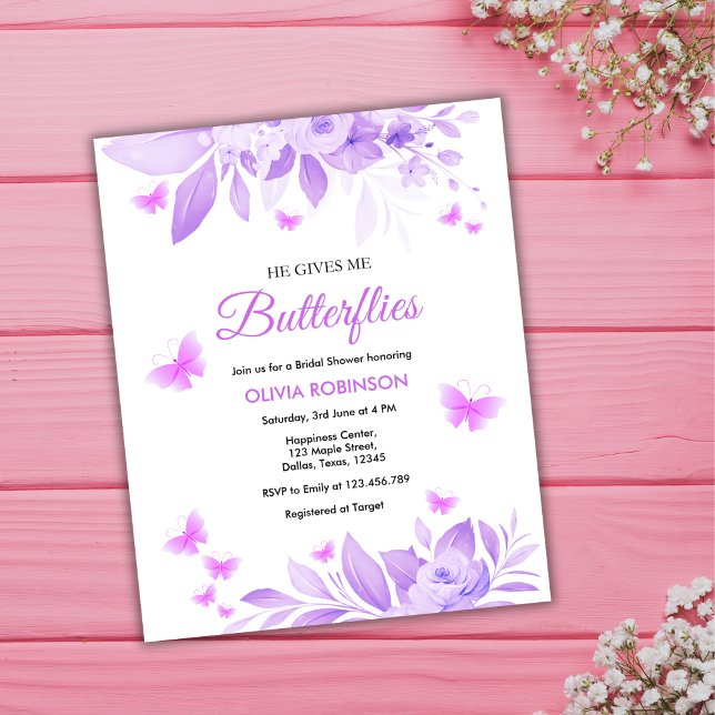 Budget Lila Butterfly Inbjudningskort för möhippan Flygblad (Budget He Gives Me Butterflies Purple Bridal Shower Invitation )