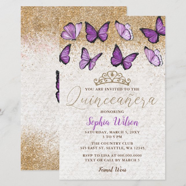 Budget Lila Butterfly Quinceañera-inbjudan (Fram/baksida)