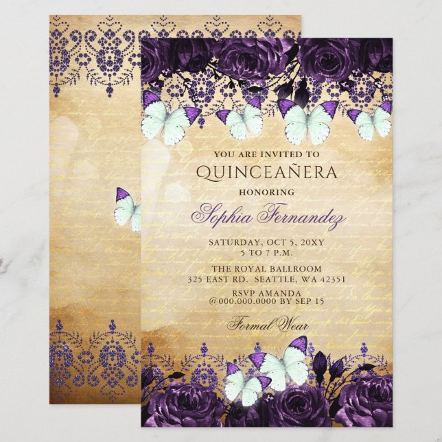 Budget Lila Butterfly Quinceañera-inbjudan (Fram/baksida)