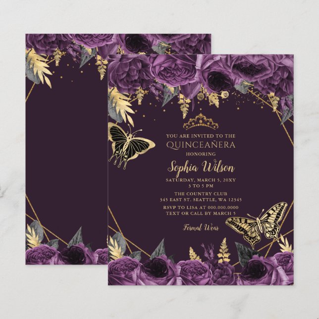 Budget Lila Butterfly Quinceañera-inbjudan (Fram/baksida)