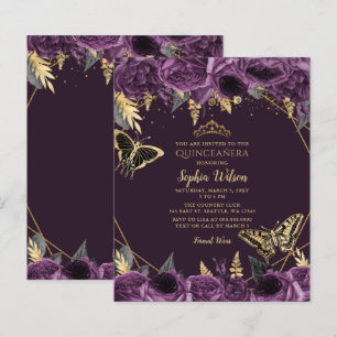 Budget Lila Butterfly Quinceañera-inbjudan