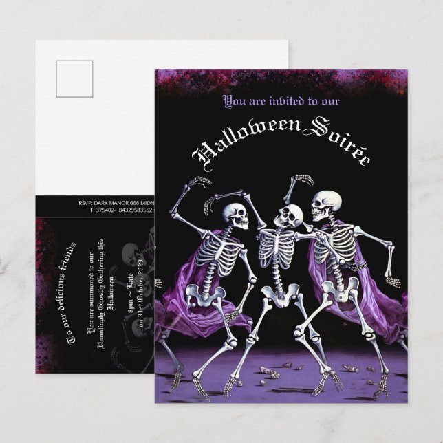 Budget Lila Dancing Skeletons Vuxen Halloween Inbjudan Vykort (Fram/baksida)