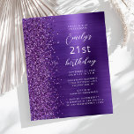 Budget Lila Glam Glitter 21:a födelsedagen Inbjuda<br><div class="desc">Det lämnat kant i detta moderna födelsedagsfest inbjudan uppvisar en lila faux gräns i glitter. Anpassadet kombinerar vitt skript och sans serif typsnitt på en lila faux borsted metall-bakgrund. Den omvända sidan har en matchande design.</div>