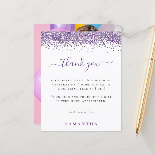 Budget Lila Glitter Foto Sweet 16 Tackkort (Fram/Back In Situ)