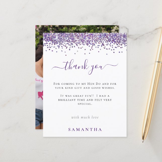 Budget Lila Glitter Photo Hen Party Tack (Fram/Back In Situ)