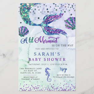 Budget Lila Glitter Sjöjungfru Baby Shower Inbjuda