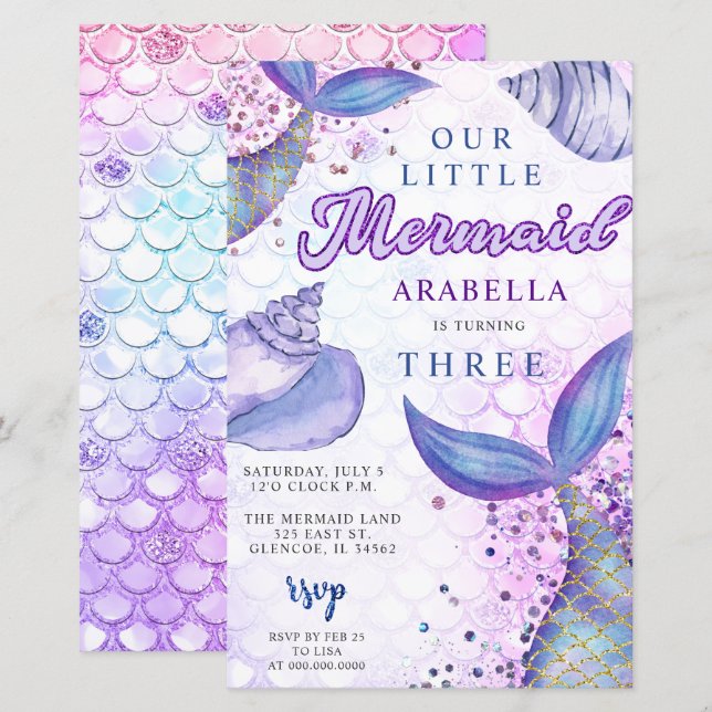 Budget Lila Glitter Sjöjungfru Birthday bjudande (Fram/baksida)