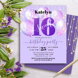 Budget Lila Glitter Sweet 16 bubblor-inbjudan