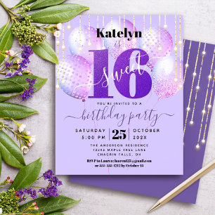 Budget Lila Glitter Sweet 16 bubblor-inbjudan