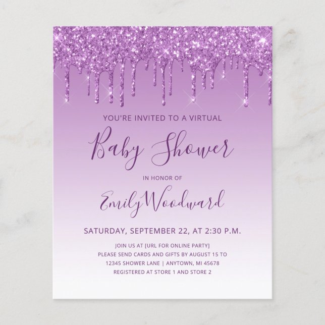 Budget Lila Glitter Virtuell Bebis Shower (Framsida)