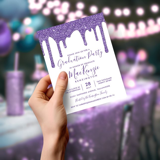 BUDGET Lila Glitterdroppar Examenfest (BUDGET Purple Glitter Drips Graduation Party Invitation)
