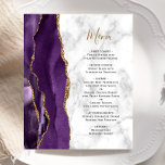 Budget Lila Guld Agate Marble Bröllop Menu<br><div class="desc">Den moderna bröllop-menyn på den lämnat kant i eleganten har en lila vattenfärgsagat gräns som trimmas med faux guld glitter. Anpassadet kombinerar handskriftsskript med guld-färgad med svart typsnitt på en grått- och vit marble struktur-bakgrund. Den omvända sidan har en matchande lila- och guld-agate-design.</div>