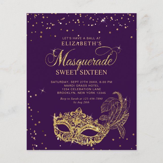BUDGET Lila Guld Foto Masquerade Sweet 16 (Framsida)