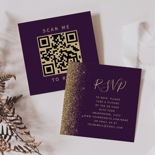 Budget Lila Guld Glitter Bröllops QR-kod RSVP Tilläggskort (Skapare uppladdad)