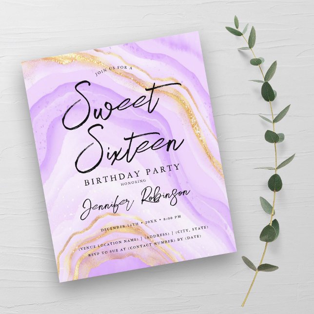 Budget Lila Guld Glitter Marble Sweet 16 Inbjudan (Budget Purple Gold Glitter Marble Sweet 16 Invite )