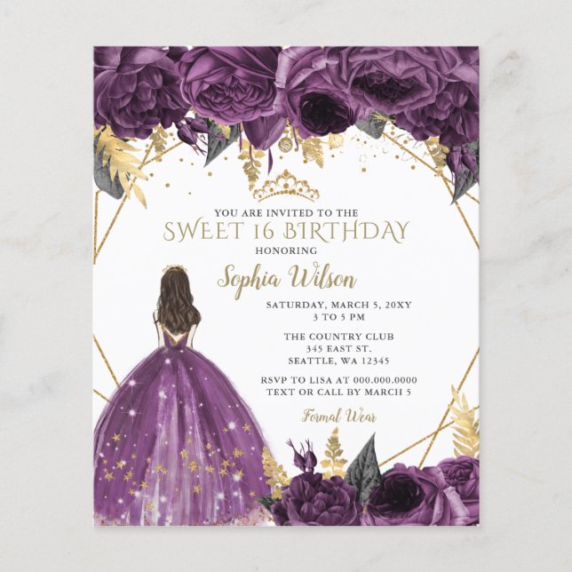 Budget Lila Guld Princess Sweet 16:e inbjudan (Framsida)