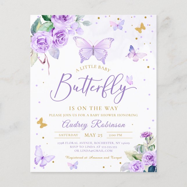 Budget Lila Little Butterfly Baby Shower Inbjudan (Framsida)