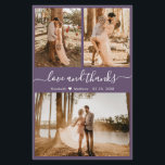 Budget Lila Photo Collage Bröllop Tack Flygblad<br><div class="desc">Budget, Elegant, Modern, Hand Lettered Bröllop (3) Tre Photo Collage Tack-personliger till ett överkomligt pris med lågbudgetflygare. ***NOTERA! *** RULLA FÖR MER INFORMATION! *** Snyggt bröllop tackar dig för en mall med tre foto på framsidan och ett foto på baksidan. Med texten "Kärlek och tack" i ett snabbt skrivet typografiskt...</div>