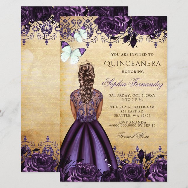 Budget Lila Princess Quinceañera-inbjudan (Fram/baksida)