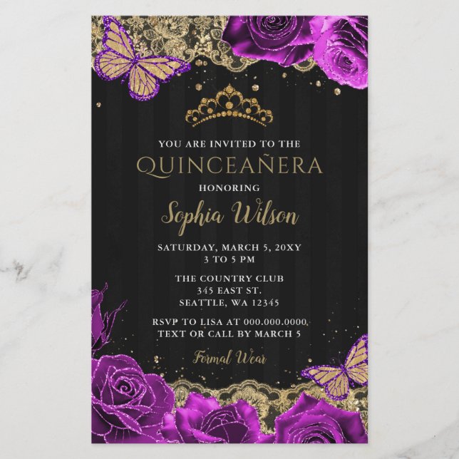 Budget Lila Ro Black Quinceañera-inbjudan (Framsida)