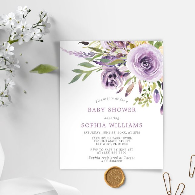 Budget Lila Ro Blommigt Baby Shower-inbjudan för  (Skapare uppladdad)